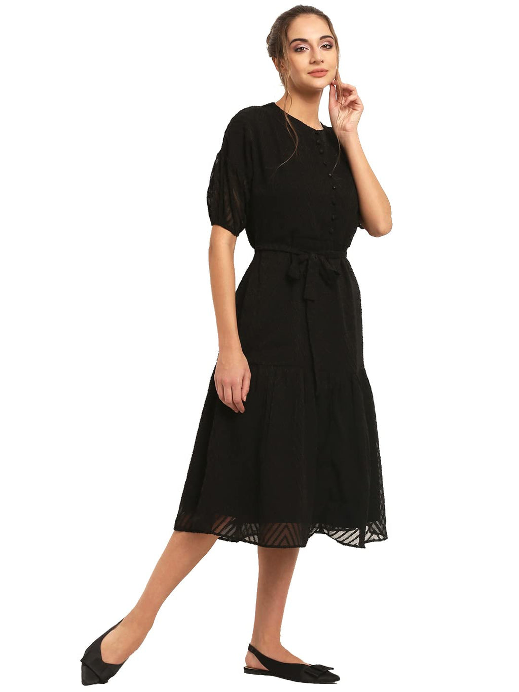 Rare London Women Synthetic A-Line Knee-Long Dress (Ep31080-L_Black_L)