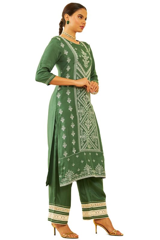 Soch Womens Muslin Floral Embroidered Sequin Embellished Straight Kurta Set