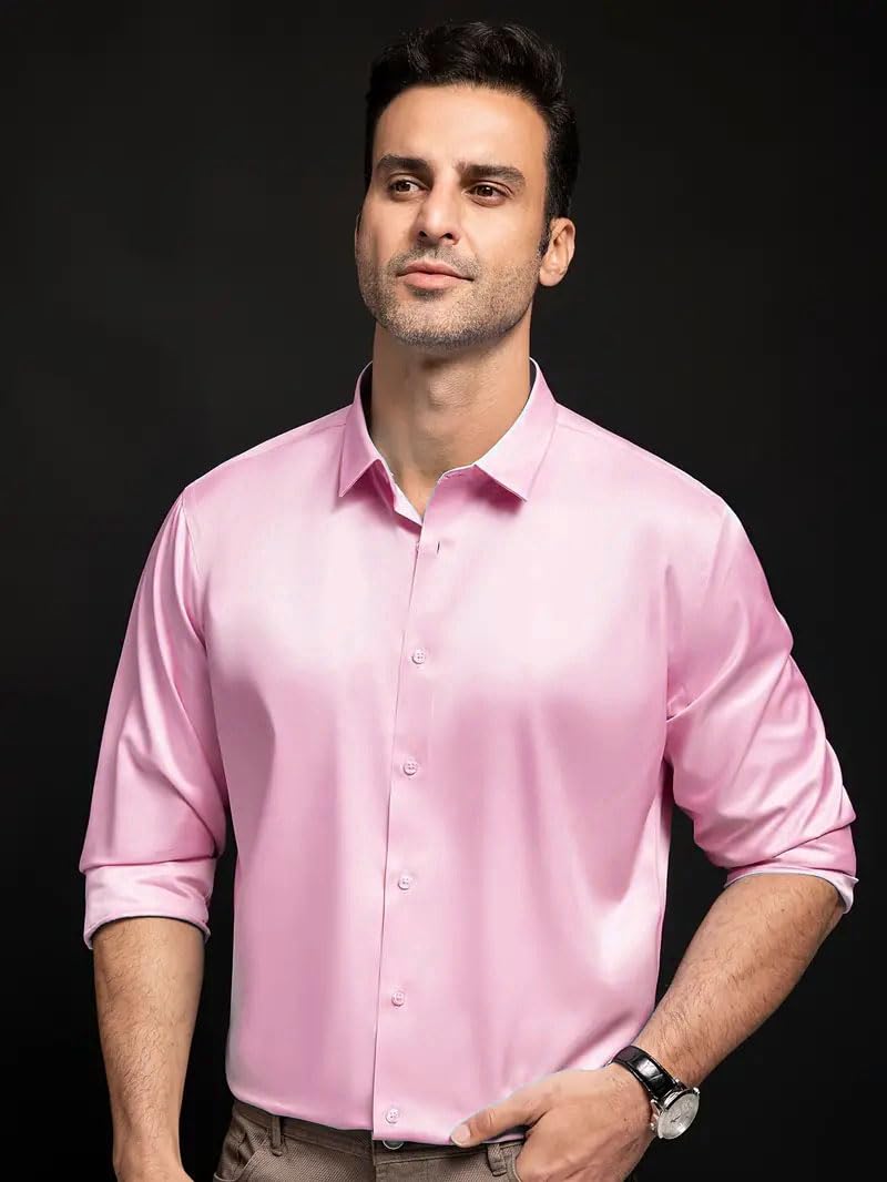 Indoprimo MenS Stylish Solid Satin Casual Shirt For Men Full Sleeve Baby Pink