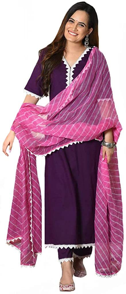 Gosriki Women'S Cotton Regular Kurta And Pants & Dupatta (Macbook-Wine_S-Go_Magenta_S)