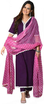 Gosriki Women'S Cotton Regular Kurta And Pants & Dupatta (Macbook-Wine_S-Go_Magenta_S)