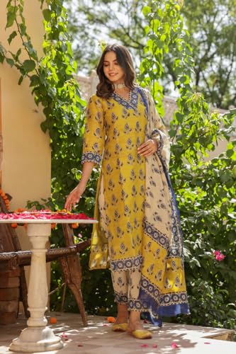 ANNI DESIGNER Womens Cotton Blend Straight Printed Kurta with Pant & Dupatta (Uchiha Mustard_XXL_Mustard_XX-Large)