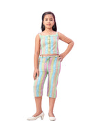 Aarika Girls Casual Wear Turquoise Colour Stripes Print Cotton Top & Pant With Belt-3-11 Years (DR-TR-K-989)