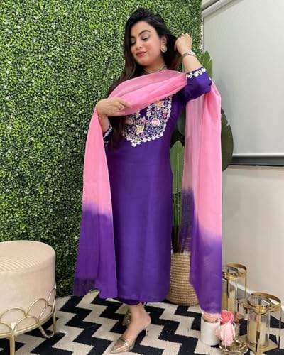 ANNI DESIGNER Womens Cotton Blend Straight Embroidered Kurta with Pant & Dupatta (Shampa Begani_XL_Begani_X-Large)
