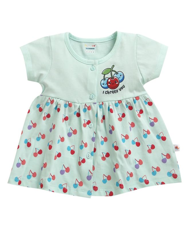BUMZEE Baby Girls Cotton Round Neck Half Sleeves Graphic Print Above Knee Length Frock/Dress Aqua Blue - 9-12 Months (Peb11181E-