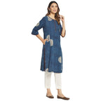 Fabindia Women Cotton Printed Knee Length Kurta Indigo
