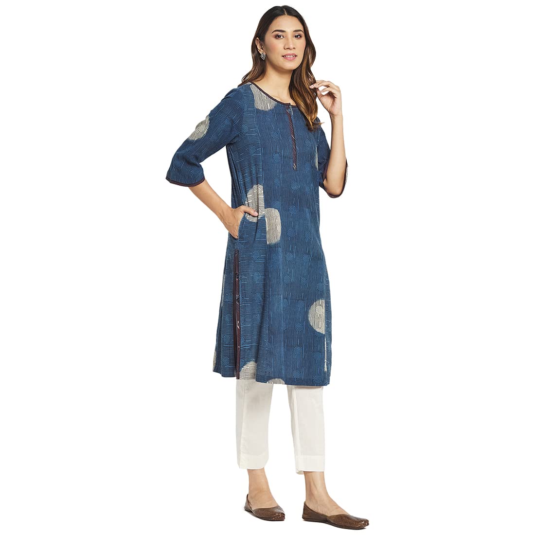 Fabindia Women Cotton Printed Knee Length Kurta Indigo