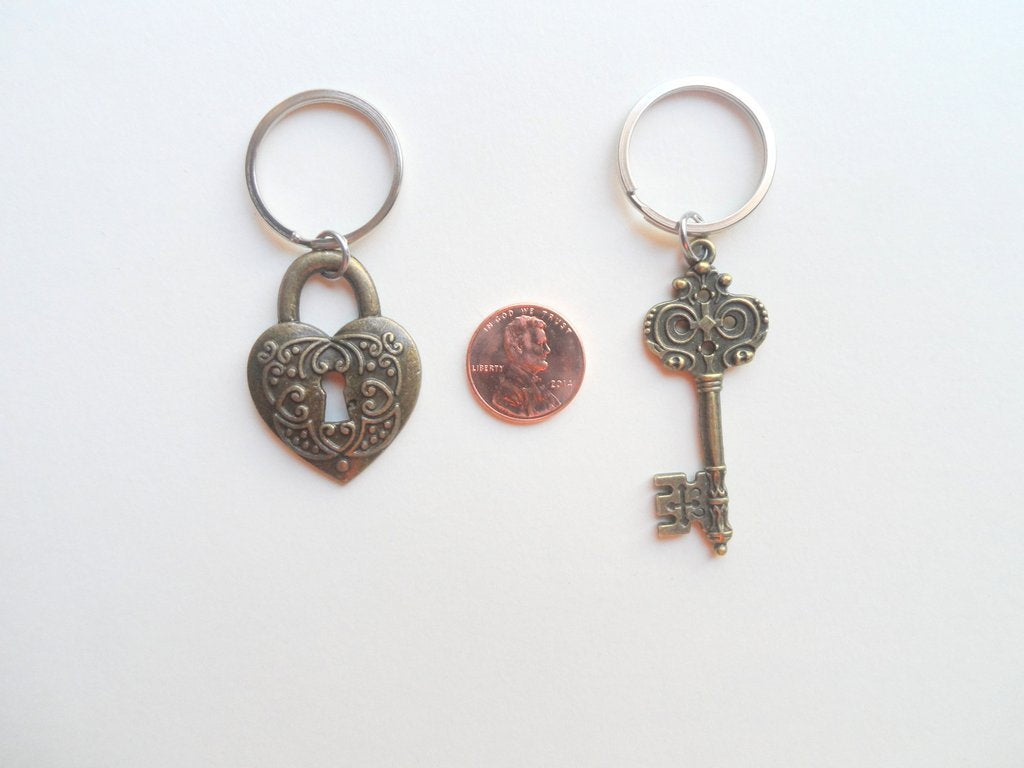 Large Bronze Key and Heart Lock Keychain Set- Youve Got The Key To My Heart; 8 Year Anniversary Gift, Couples Keychain Set