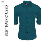 Rebelify MenS Cotton Blend Shirt With Pockets Full Sleeves Collared Neck Solid Pattern Botton Down Closure Relaxed Fit And Stan