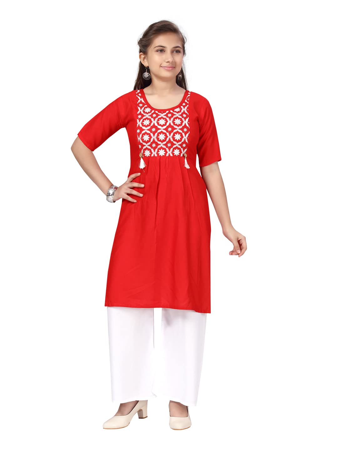 Aarika GirlS Cotton Kurti Palazzo Set (Pl-H-6_Red-White_32)