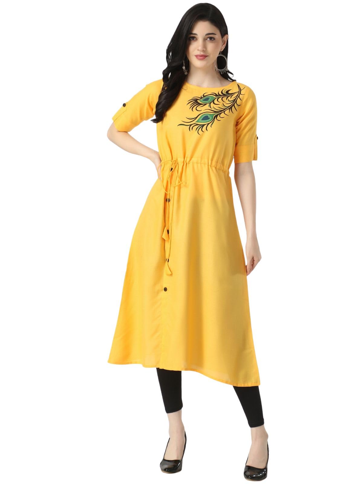 Greciilooks Women Cotton Anarkali Regular Fit Kurti (Yellow, X-Large)