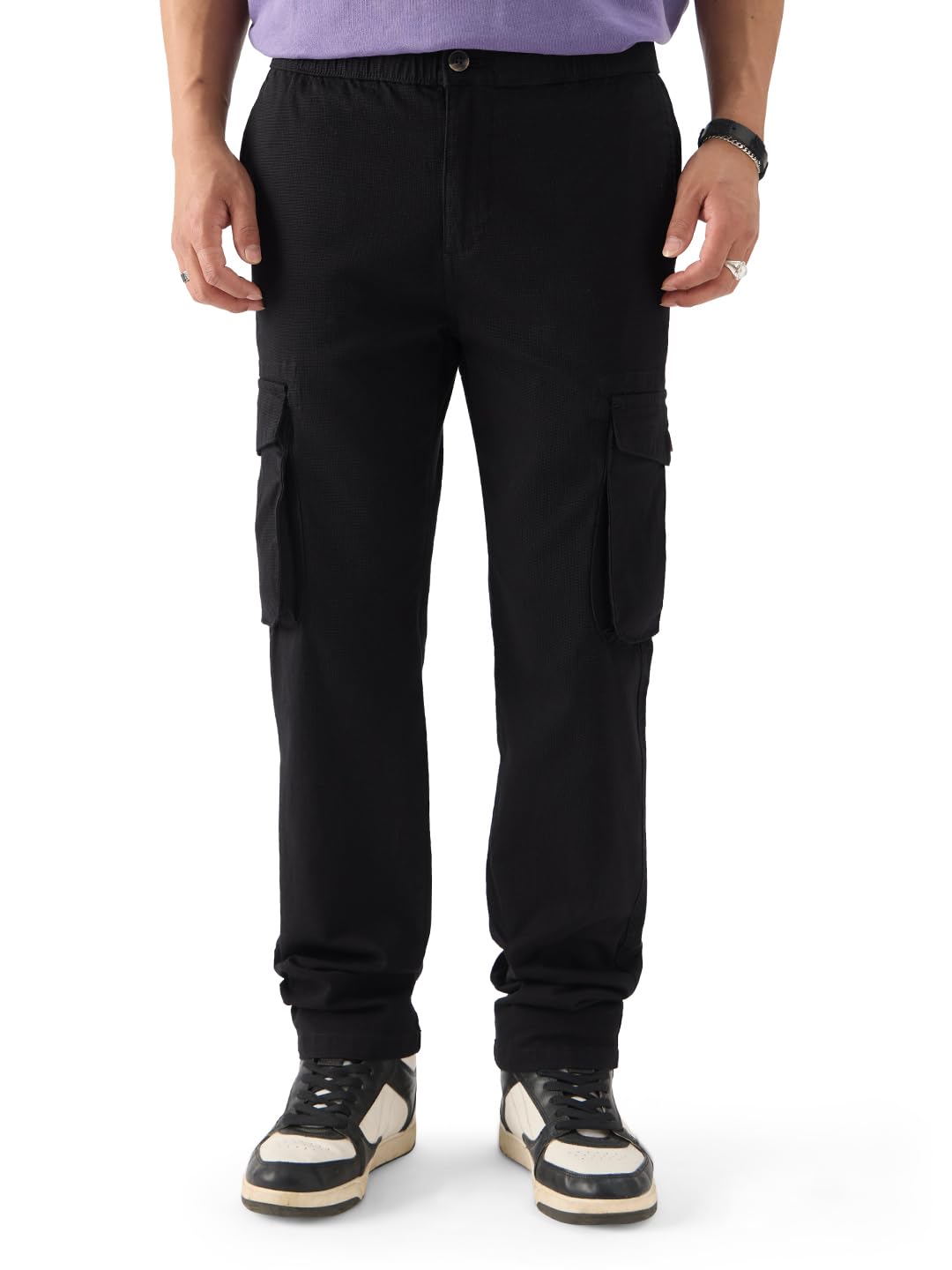 The Souled Store Solids: Onyx Men and Boys Regular Fit Cargo Pants Mens Cargo Pants Trousers for Men Multi-Pocket Work Outdoor 