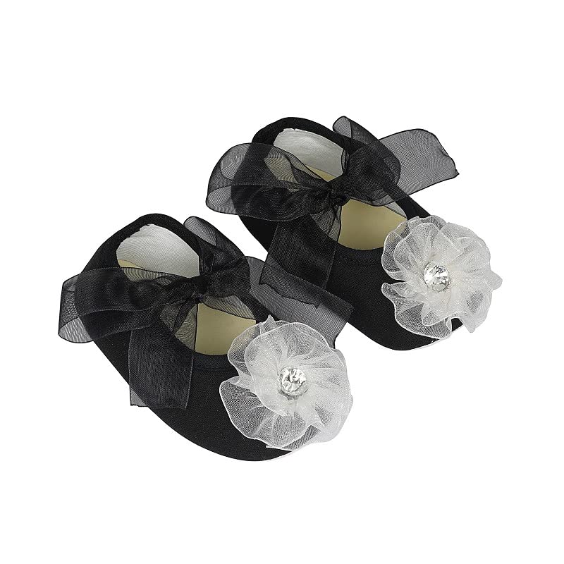 Rsmart Infant New Baby Toddlers Cotton Black Sandal Ribbon Booties With White Flower Patch (Age 03 Months), Length : 10 Cm(Rsm_ 0-3