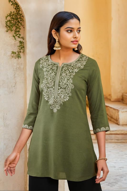Soch Womens Olive Rayon Paisley Embroidered A-Line Tunic with Vented Hemline