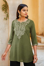 Soch Womens Olive Rayon Paisley Embroidered A-Line Tunic with Vented Hemline