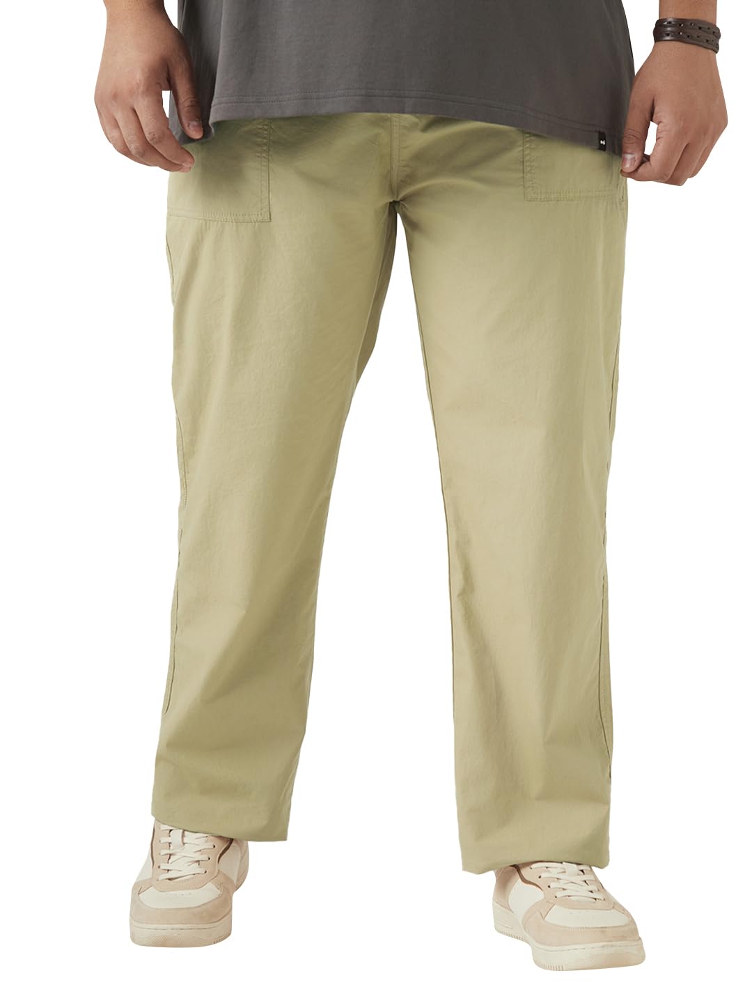 Bewakoof Mens Solid Regular Fit Poplin Plus Size Pants_648631_Beige_42