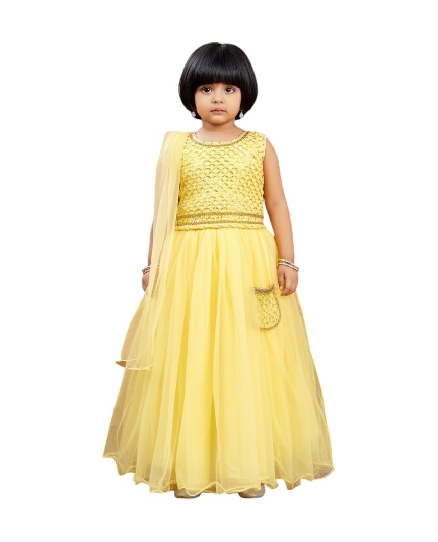 Aarika Girls Ethnic Wear Yellow Colour Sequin Embroidery Georgette Lehenga Choli Set Attached Bag-(3-13 Years)-(Oct_Lch-18022-Ye