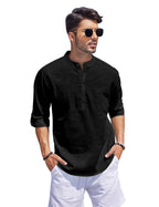 Hemrin Men Solid Cotton Blend Straight Kurta Shirt Black