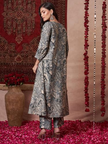 ANNI DESIGNER Womens Rayon Blend Straight Printed Kurta with Pant (Marco Grey_L_Grey_Large)