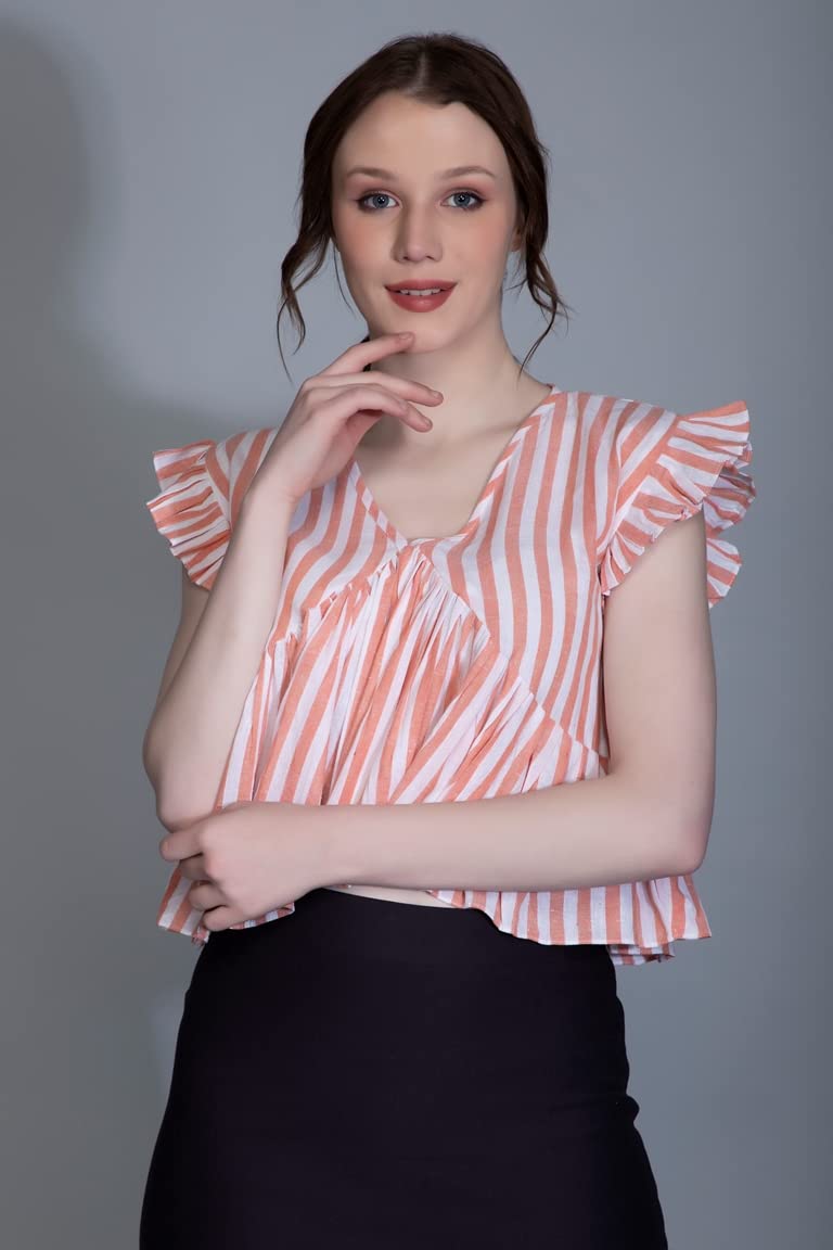 Leriya Fashion WomenS Western Crop Tops | Fancy Stripped With Ruffle Sleeves | Button Down Lightweight Cotton For Girls | Suita