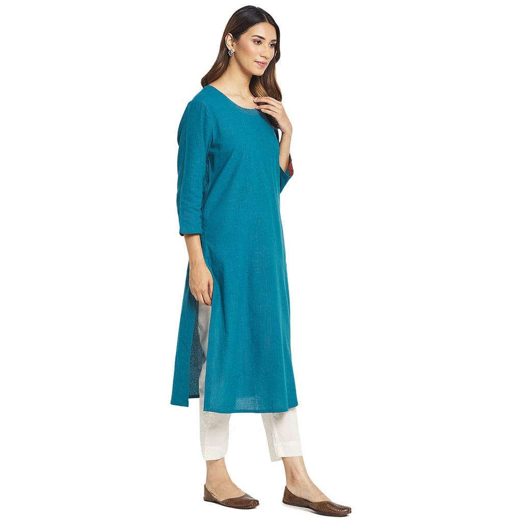 Fabindia Women Cotton Embroidered Long Kurta Blue