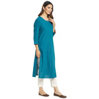 Fabindia Women Cotton Embroidered Long Kurta Blue
