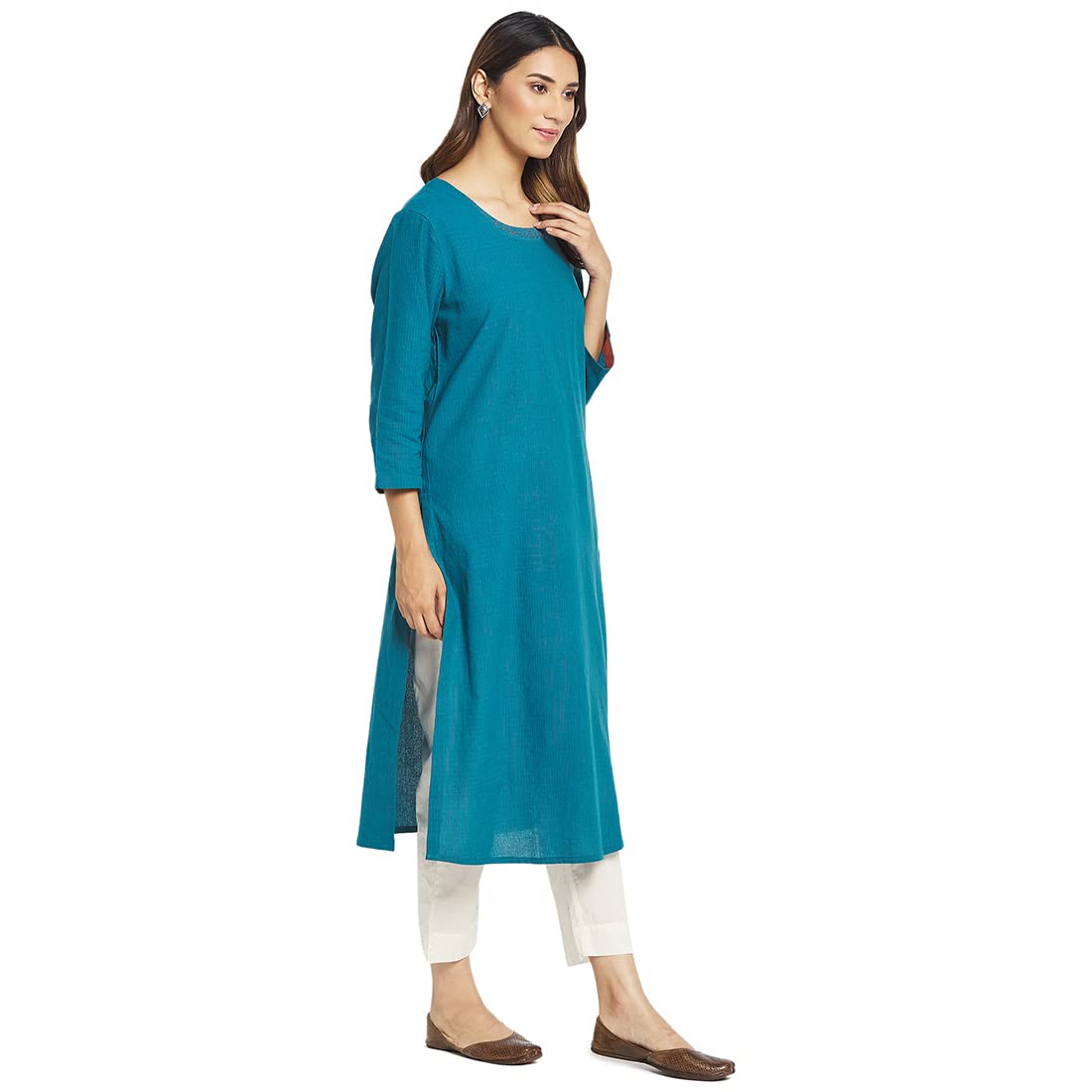 Fabindia Women Cotton Embroidered Long Kurta Blue