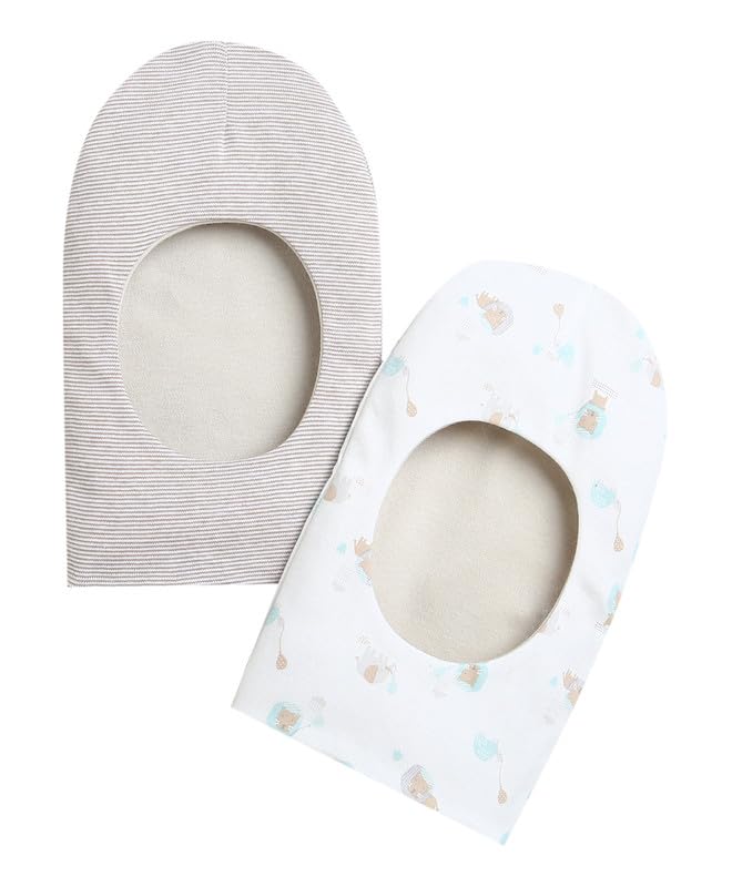 BUMZEE Beige & White Girls Cotton Reversible Monkey Cap Pack of 2 Age - 6-12 Months (Peb9530B-bge.wht)