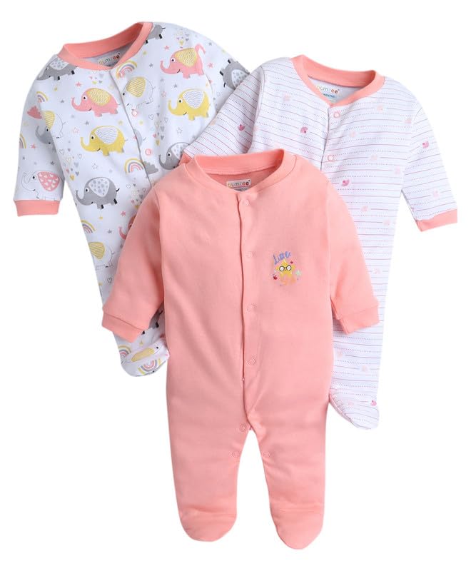 BUMZEE Peach & White Baby Girls Full Sleeves Sleepsuit Pack of 3 Age - New Born (Peb10053A-pch)
