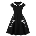 Wellwits Women 's Spider Net Neck Bat Embroidery Halloween Vintage Dress Black M