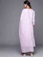 Varanga Women Lavender Embroidered A-Line Empire Kurta Paired With Tonal Bottom And Tonal Embroidered Dupatta