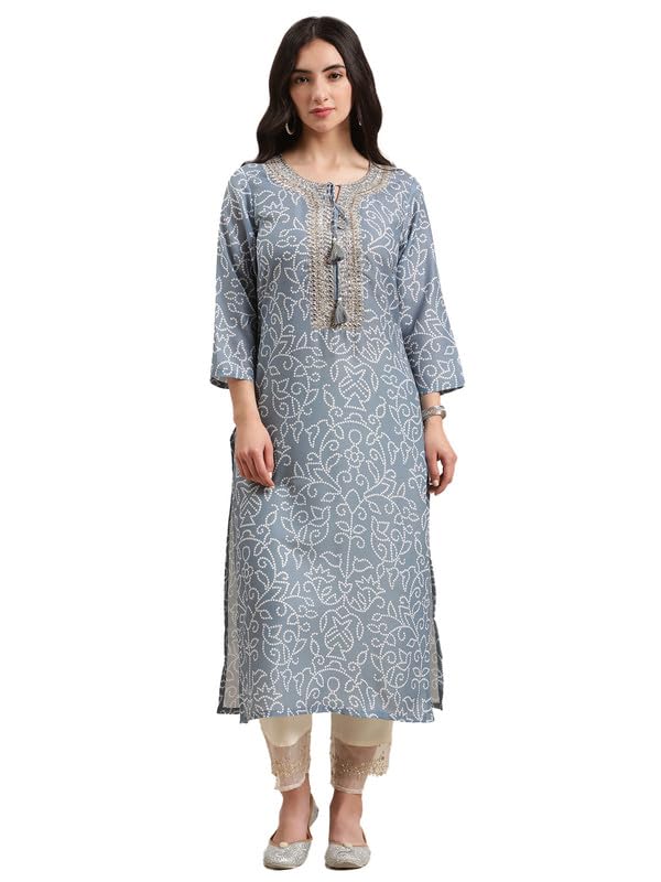 Varanga Bandhej Gota Patti Embroidery Straight Kurta With Dori Tassel Embellishment In Light Grey Color (Double Extra Large)