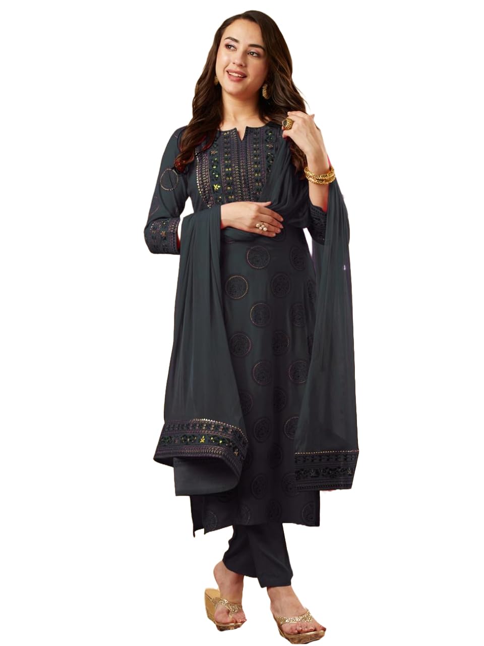 ANNI DESIGNER Womens Cotton Blend Straight Printed Kurta with Pant & Dupatta (NOV Grey_M_Grey_Medium)