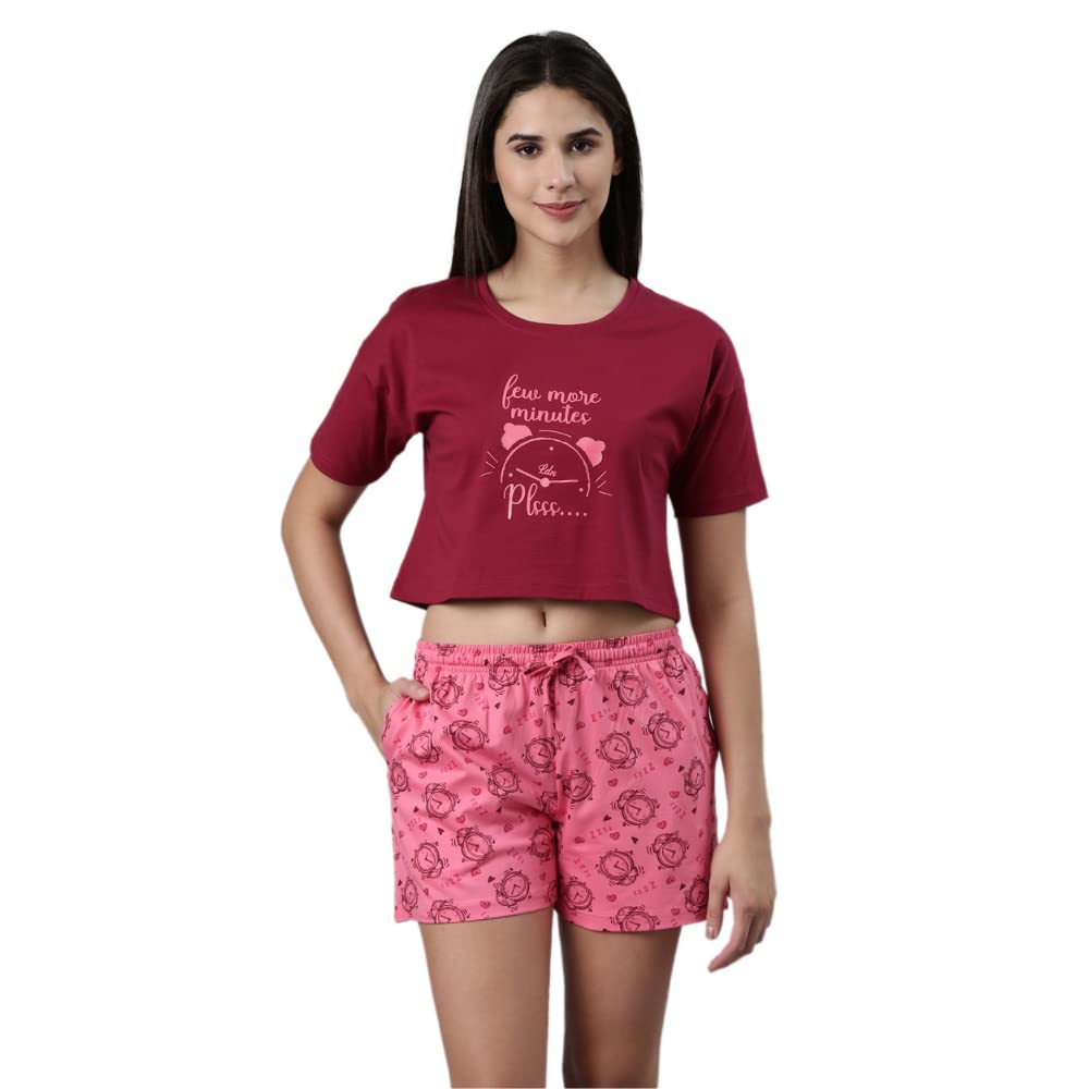 Pepe Jeans Cotton Crop T-Shirt And Shorts Sleepwear Set For Women | Comfortable Soft Printed Nightsuit, Nightwear - Beet Red - S
