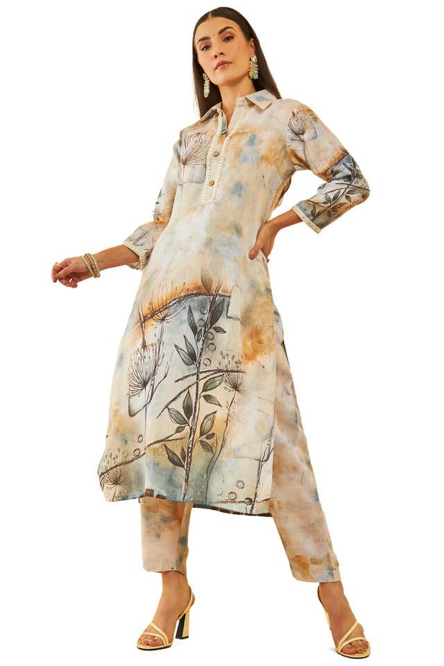 Soch Womens Beige Poly Linen Abstract Print Co-Ord Set With Faux Mirror