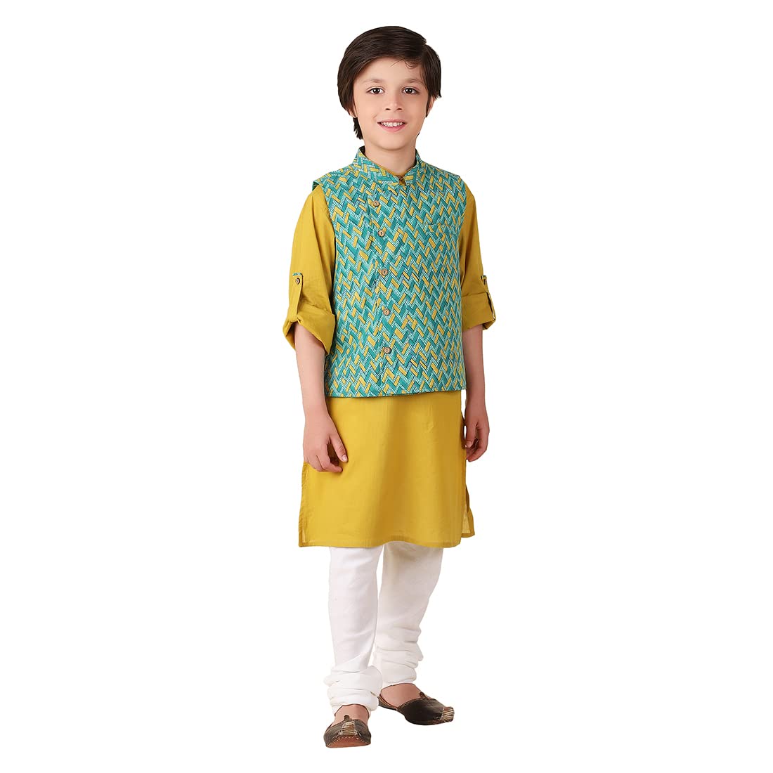 Fabindia BoyS Cotton Printed Regular Kurta With Jacket (1028662Green_Green
