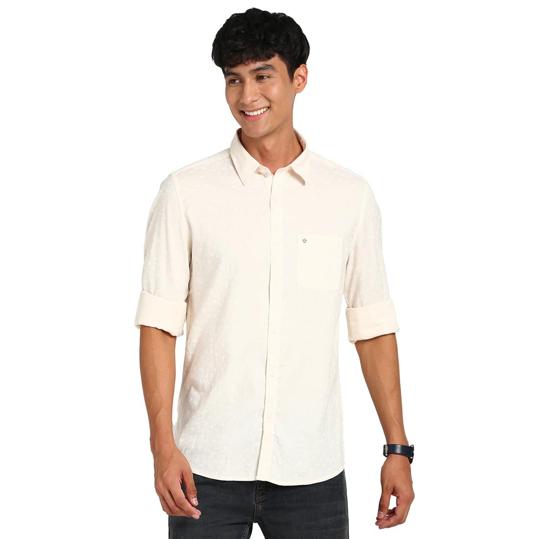Turtle Men 100% Cotton Cream Solid Slim Fit Casual Shirt