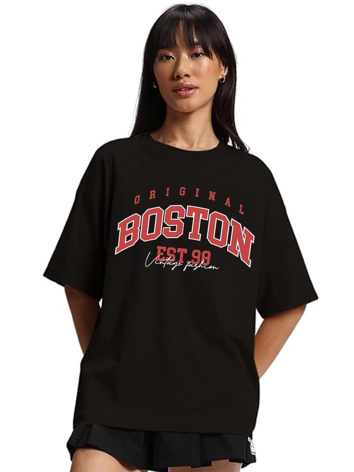 Juneberry Pure Cotton Oversized Loose Baggy Fit Drop Shoulder Half Sleeve Cool Front & Back Graphic Printed Round Neck T-Shirt F