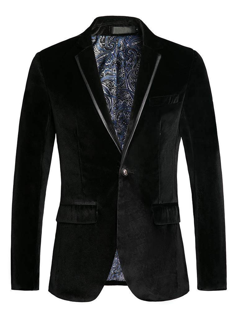 THWEI Mens Velvet Blazer One Button Slim Fit Blazer Sport Coat P-Black S