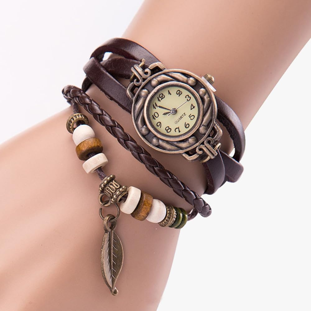 yunanwa Pack of 6 Women's Watches Vintage Wrap Around Bead Leaf Bracelet Quartz Wholesale Set
