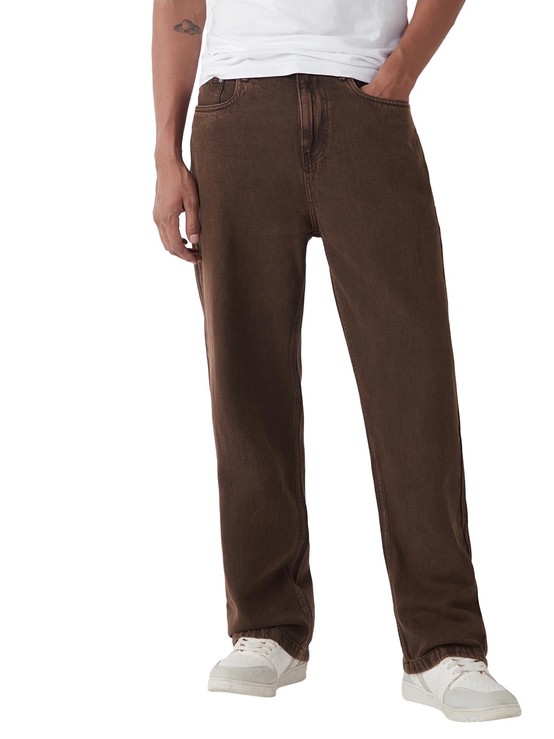 Bewakoof Mens Washed Baggy Fit 100% Cotton Acid Wash Jeans_652463_Brown_36