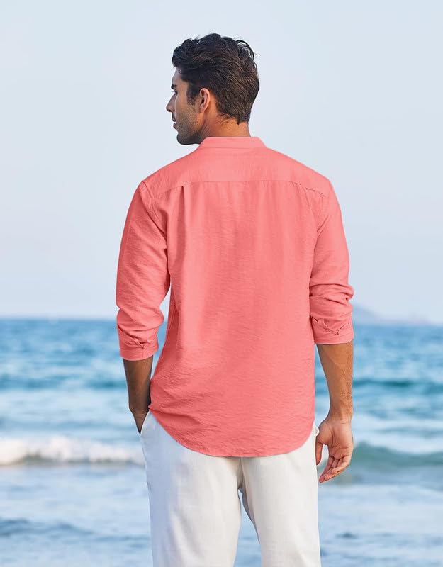 Macsivo MenS Casual Cotton Polyester Blend Long Sleeve Henley Short Kurta | Lightweight Summer Kurta Peach