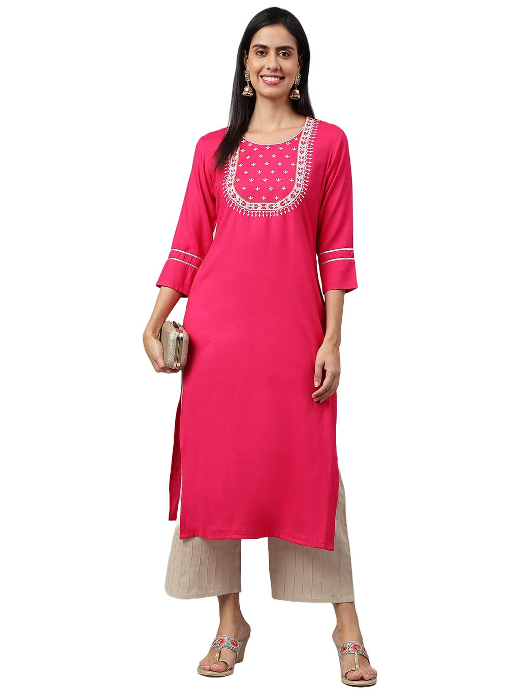 ANNI DESIGNER Women's Cotton Blend Straight Solid Kurta (Satya Pink_XL_Pink_X-Large)