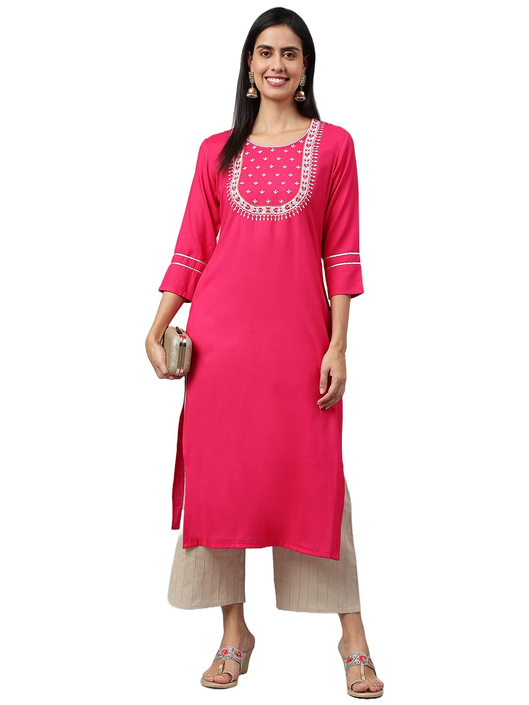 ANNI DESIGNER Women's Cotton Blend Straight Solid Kurta (Satya Pink_XL_Pink_X-Large)