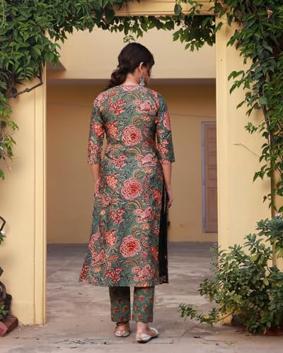 ANNI DESIGNER Womens Rayon Blend Printed Straight Kurta with Pant & Dupatta (FTA Green-NRK_M_Green_Medium)