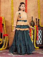 Aarika Girls Ethnic Wear Beige-Green Colour Foil Print Nylon Lehenga Choli Set With Belt (5-16 Years)