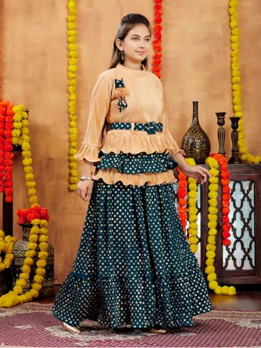 Aarika Girls Ethnic Wear Beige-Green Colour Foil Print Nylon Lehenga Choli Set With Belt (5-16 Years)