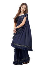 Dhyey Fashion Fashionable Baby Girls Lycra Blend Saree With Velvet Unstitched Blouse Piece | Readymade Saree For Girls | Sarees