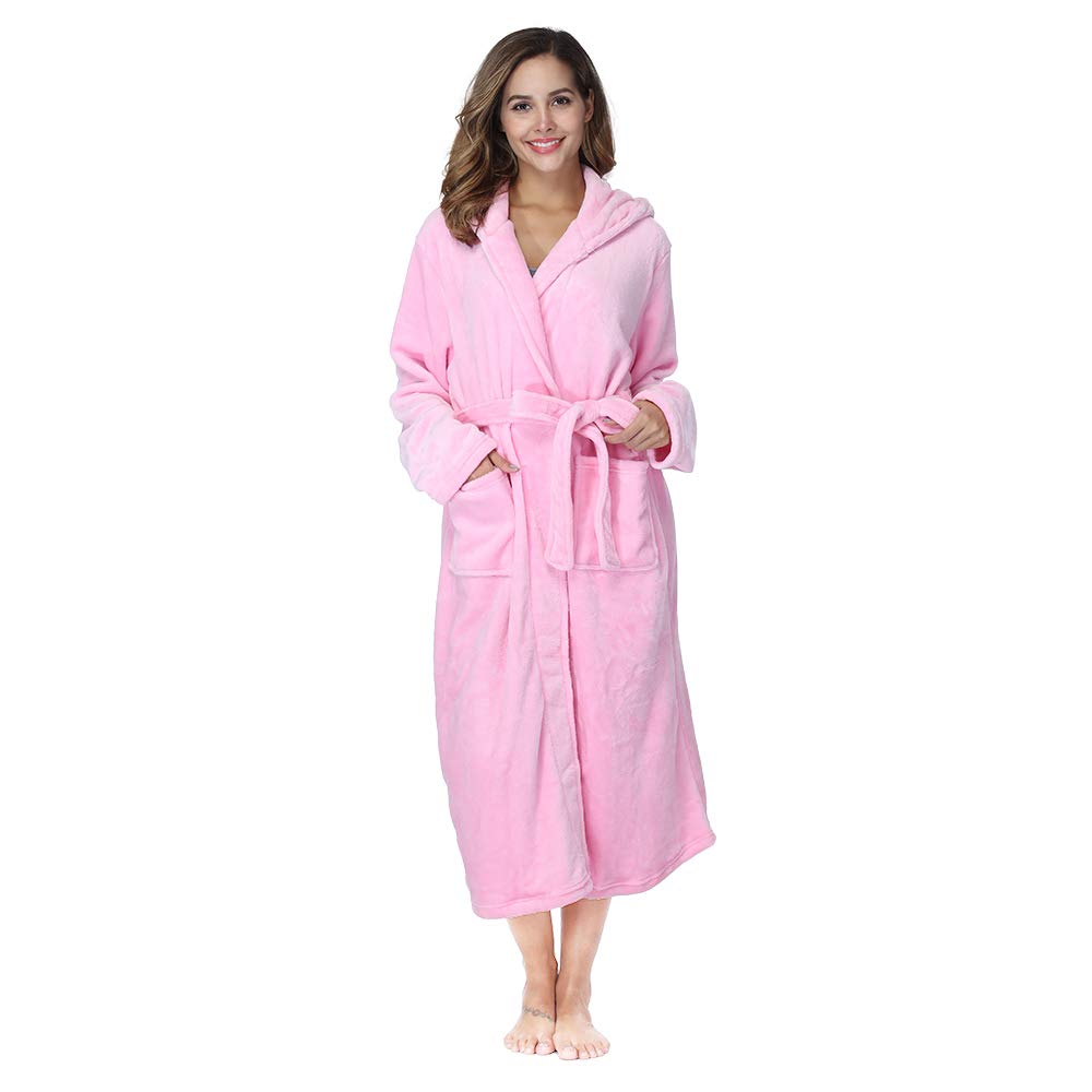 RONGTAI Womens Robes Plush Fleece Pink Hooded Bathrobe Thick Nightgown with Pockets Fluffy Sleepwear Small
