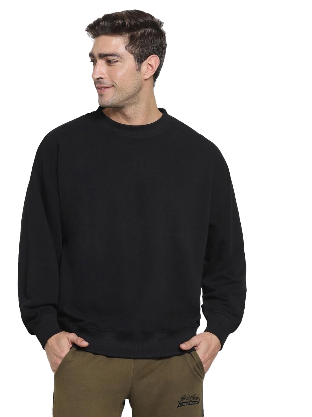 Bewakoof Mens Solid Oversized Fit Full Sleeve Round Neck Unbrushed Fleece Sweatshirt Black